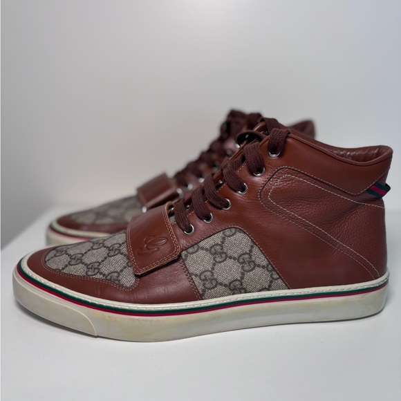 GUCCI Monogram Canvas Web GG Brown Leather High Top Men’s Sneaker Strap Size 12 - Picture 4 of 17